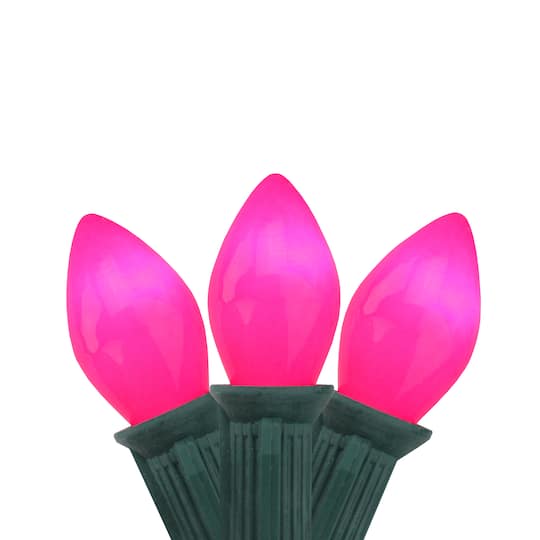 Northlight Set of 25 Opaque Pink Purple C7 Christmas Lights 12" Spacing - Green Wire - Pink